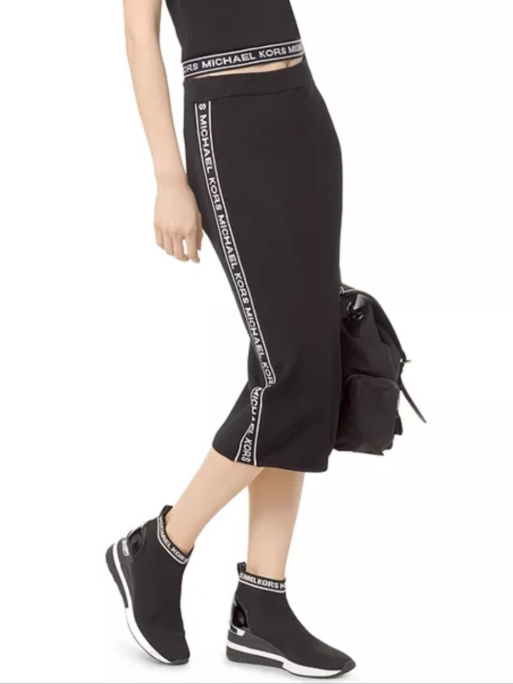 Michael Kors Logo Midi Ribbed Knit Pencil Skirt Stretchy Black White Size XS